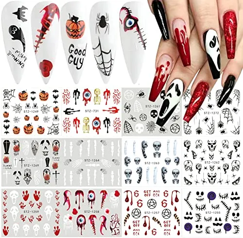 12 Sheets Halloween Nail Art Stickers Water Transfer Nail Decals Horror Ghost Face Nail Stickers Halloween Nail Designs Supplies Pumpkin Skull Blood Spider Evil Eye Nail Sticker for Women Girls Nail Decorations