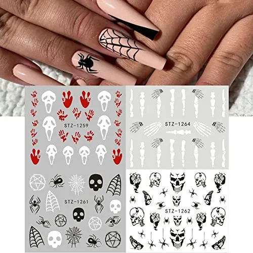 12 Sheets Halloween Nail Art Stickers Water Transfer Nail Decals Horror Ghost Face Nail Stickers Halloween Nail Designs Supplies Pumpkin Skull Blood Spider Evil Eye Nail Sticker for Women Girls Nail Decorations
