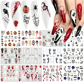 12 Sheets Halloween Nail Art Stickers Water Transfer Nail Decals Horror Ghost Face Nail Stickers Halloween Nail Designs Supplies Pumpkin Skull Blood Spider Evil Eye Nail Sticker for Women Girls Nail Decorations