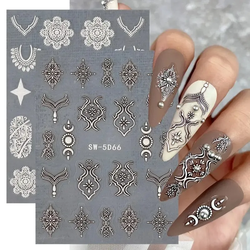 2 Pcs 5D Embossed Nail Stickers Brown White Lace Adhesive Nail Decals Star Moon Carved Decor Sliders