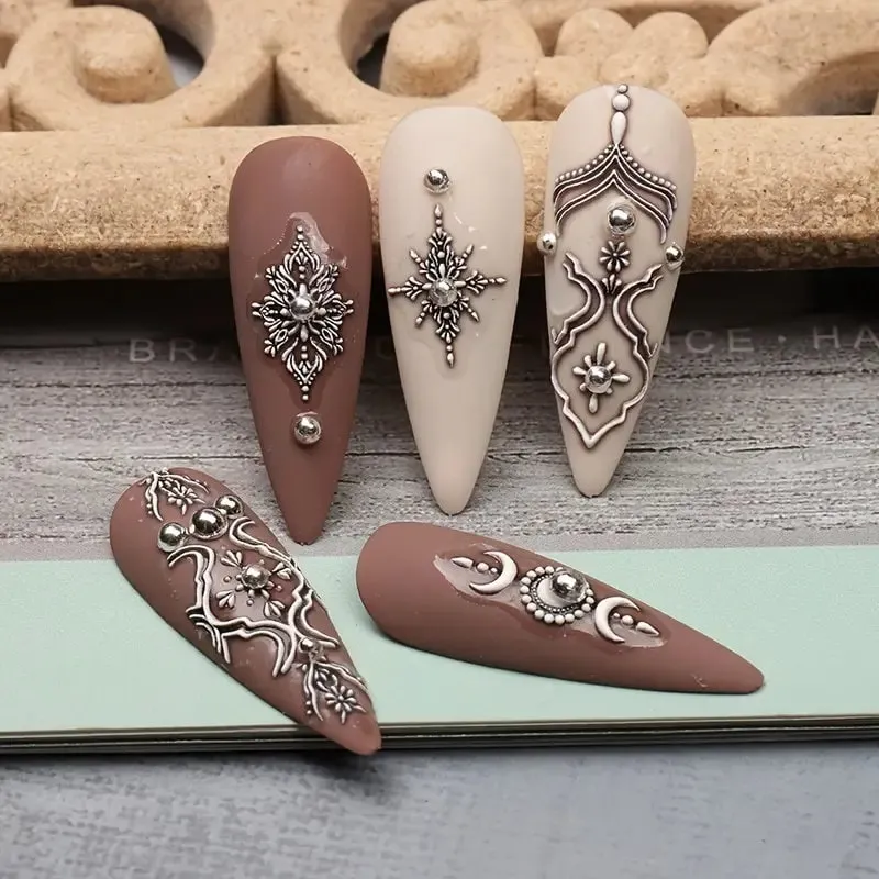 2 Pcs 5D Embossed Nail Stickers Brown White Lace Adhesive Nail Decals Star Moon Carved Decor Sliders
