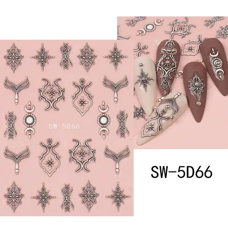 2 Pcs 5D Embossed Nail Stickers Brown White Lace Adhesive Nail Decals Star Moon Carved Decor Sliders