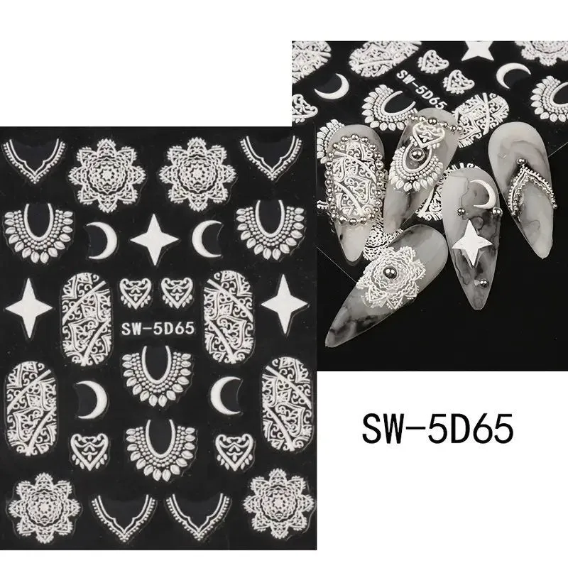 2 Pcs 5D Embossed Nail Stickers Brown White Lace Adhesive Nail Decals Star Moon Carved Decor Sliders