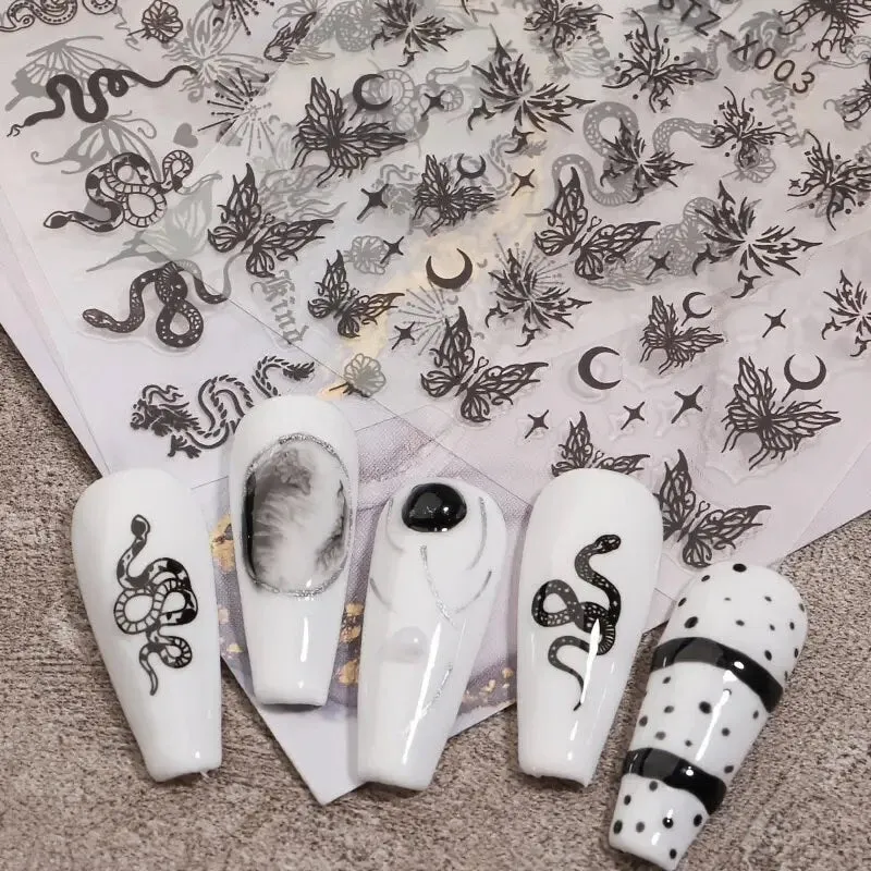 3 Pcs Nail Art Sticker 3D Self-Adhesive Nail Decals Butterfly Snake Dark Style Nail Design For Nail Salon DIY