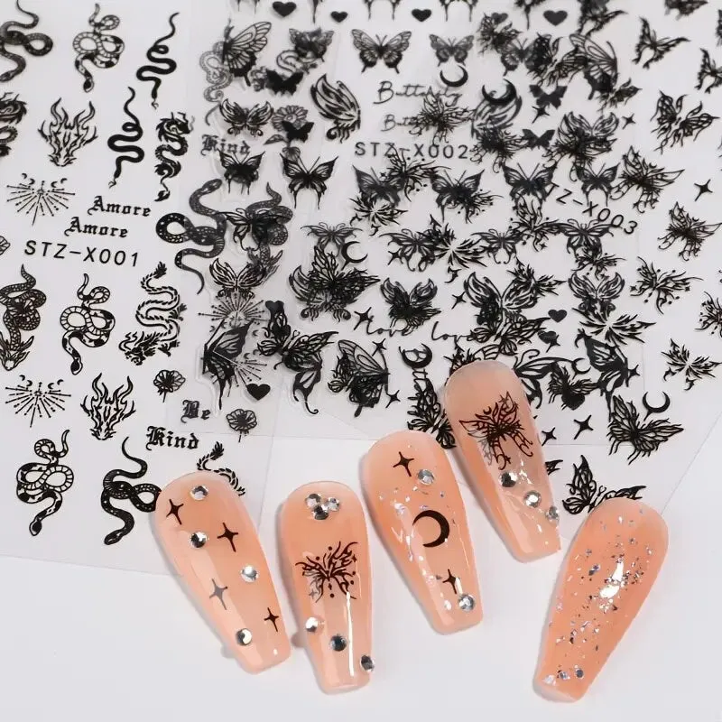 3 Pcs Nail Art Sticker 3D Self-Adhesive Nail Decals Butterfly Snake Dark Style Nail Design For Nail Salon DIY
