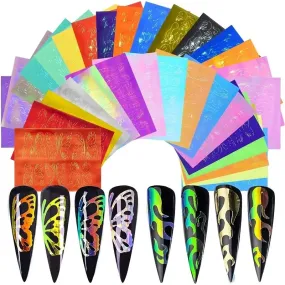 32 Pcs Butterfly Reflections Nail Stickers Holographic Fire Flame Nail Art Decals For Nail DIY Decoration