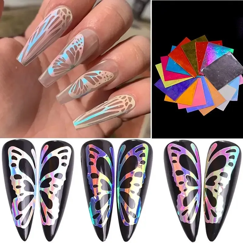 32 Pcs Butterfly Reflections Nail Stickers Holographic Fire Flame Nail Art Decals For Nail DIY Decoration