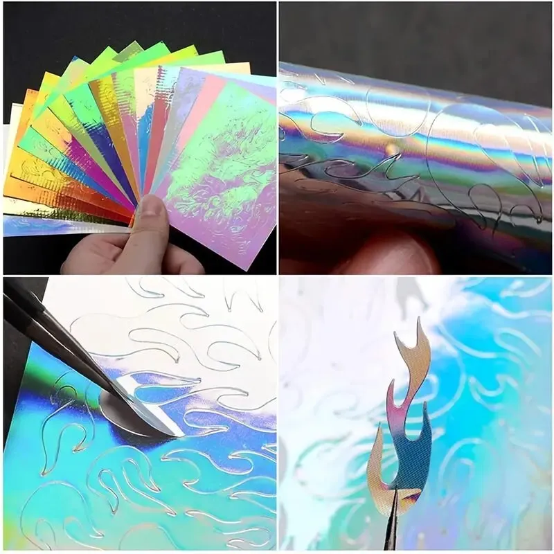 32 Pcs Butterfly Reflections Nail Stickers Holographic Fire Flame Nail Art Decals For Nail DIY Decoration