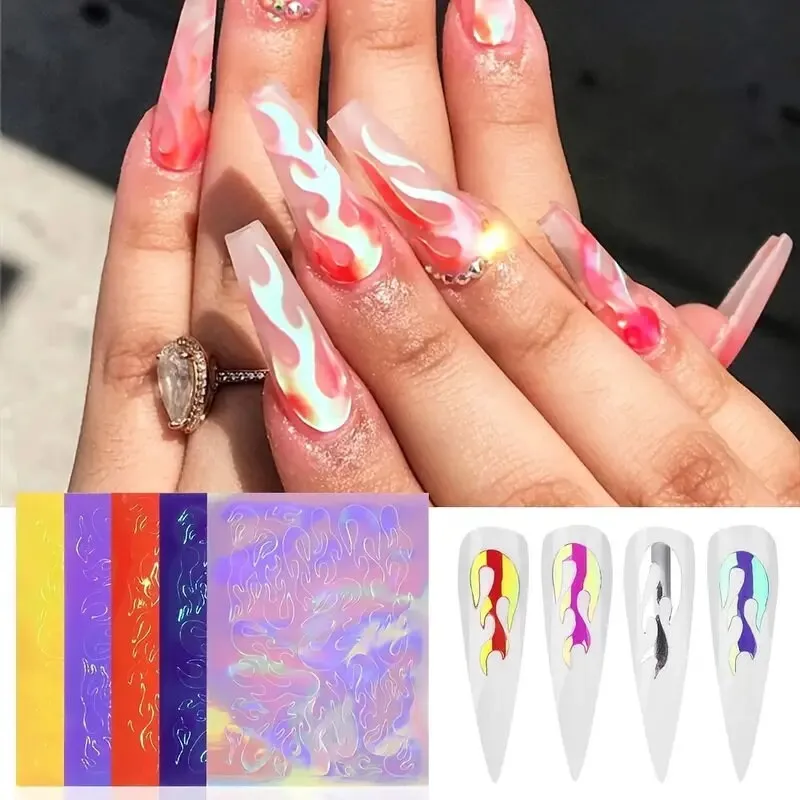 32 Pcs Butterfly Reflections Nail Stickers Holographic Fire Flame Nail Art Decals For Nail DIY Decoration