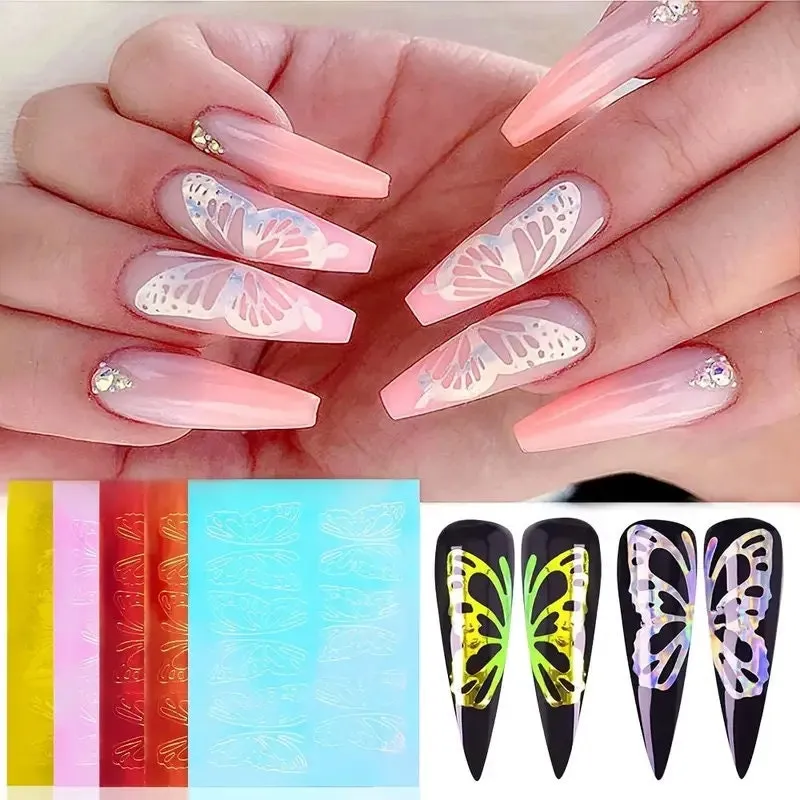 32 Pcs Butterfly Reflections Nail Stickers Holographic Fire Flame Nail Art Decals For Nail DIY Decoration