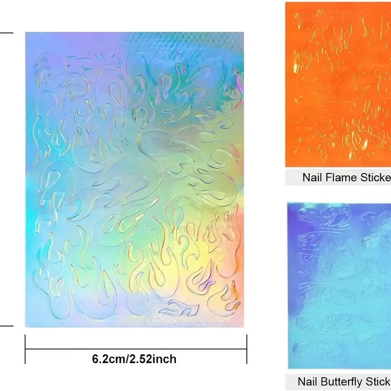 32 Pcs Butterfly Reflections Nail Stickers Holographic Fire Flame Nail Art Decals For Nail DIY Decoration