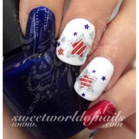 4th of July Nail Art Water Decals Glitter Stars American Flag Nails