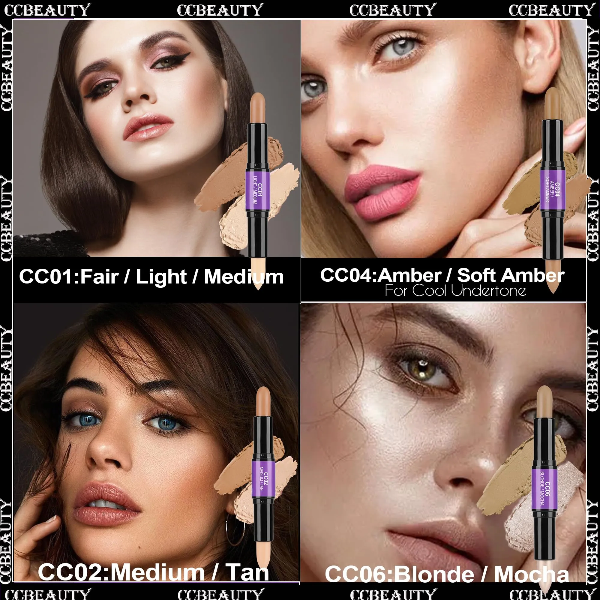 CCbeauty 2pcs 2-IN-1 Matte Contour Concealer Stick Cool Tone with Blush,Cream Blendable Bronzer & Blusher for Cheeks & Lip,Long Lasting & Waterproof Contouring for Face Shaping Makeup,AMBER/SOFT AMBER