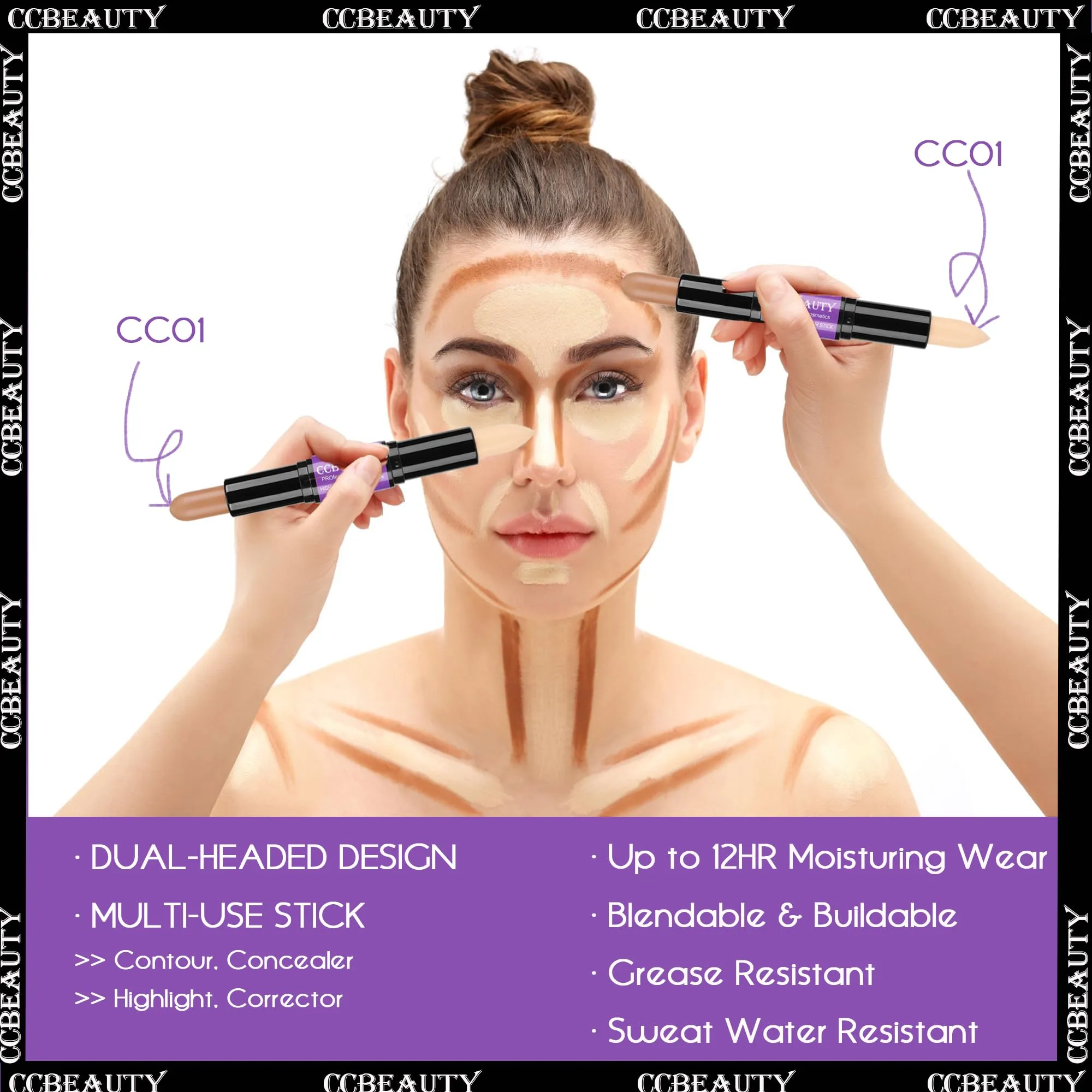 CCbeauty 2pcs 2-IN-1 Matte Contour Concealer Stick Cool Tone with Blush,Cream Blendable Bronzer & Blusher for Cheeks & Lip,Long Lasting & Waterproof Contouring for Face Shaping Makeup,AMBER/SOFT AMBER