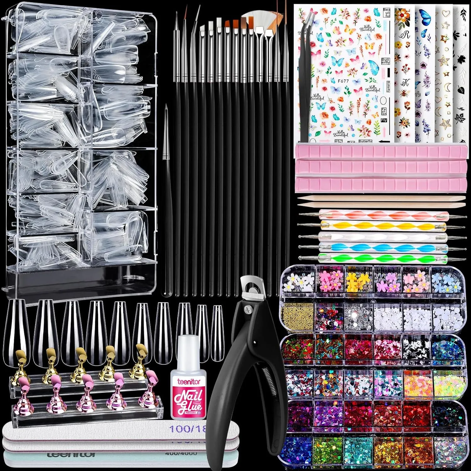 Complete Acrylic Nail Art Kit with 600 Clear Coffin Tips, Nail Brushes, Glitter, and Decorations