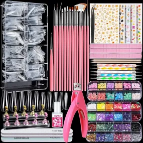Complete Acrylic Nail Art Kit with 600 Clear Coffin Tips, Nail Brushes, Glitter, and Decorations