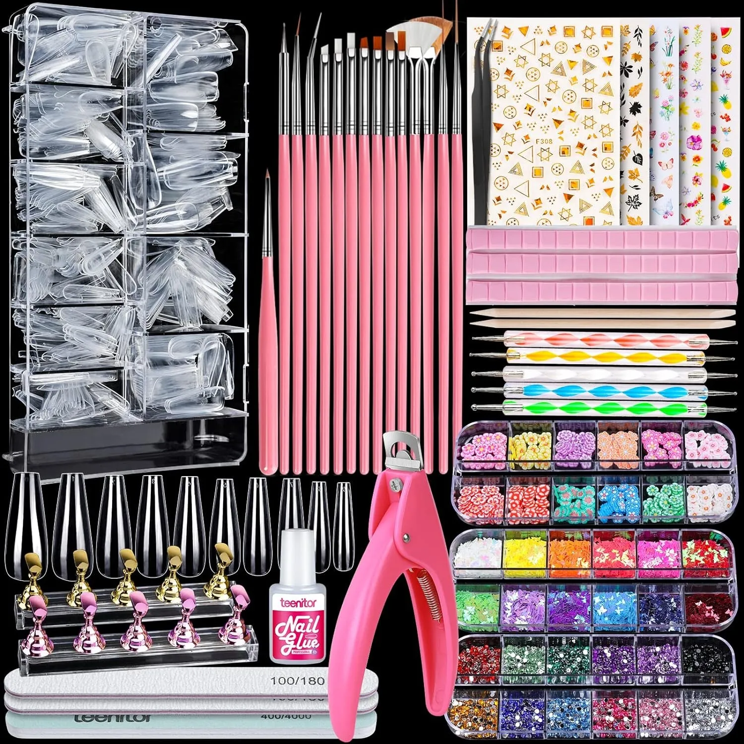 Complete Acrylic Nail Art Kit with 600 Clear Coffin Tips, Nail Brushes, Glitter, and Decorations