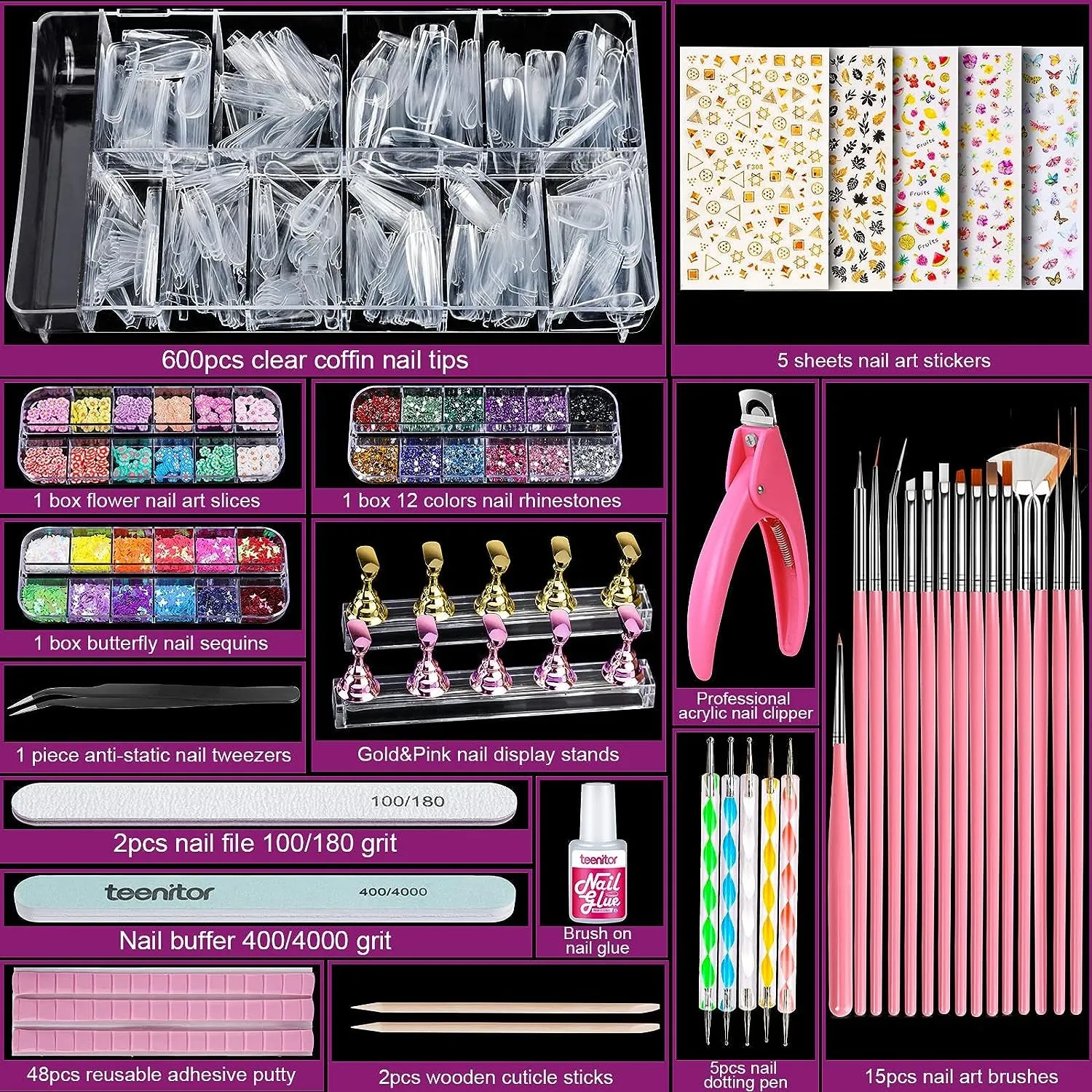 Complete Acrylic Nail Art Kit with 600 Clear Coffin Tips, Nail Brushes, Glitter, and Decorations