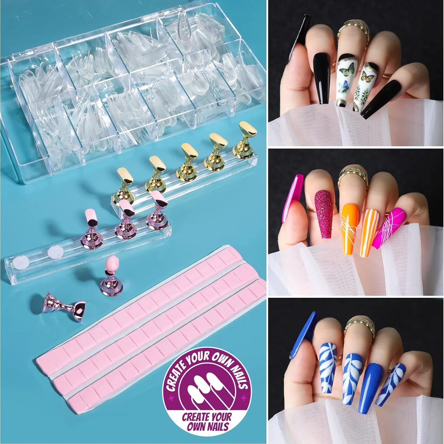 Complete Acrylic Nail Art Kit with 600 Clear Coffin Tips, Nail Brushes, Glitter, and Decorations