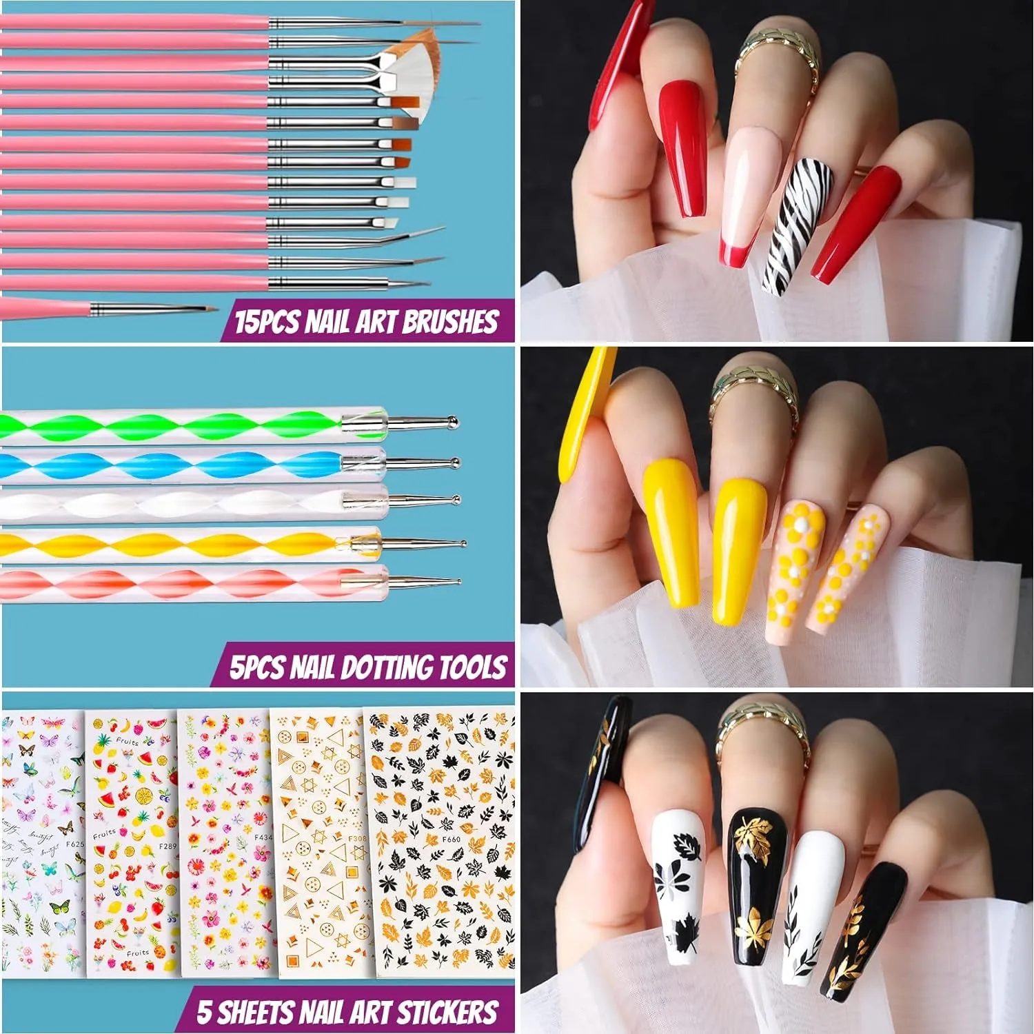 Complete Acrylic Nail Art Kit with 600 Clear Coffin Tips, Nail Brushes, Glitter, and Decorations