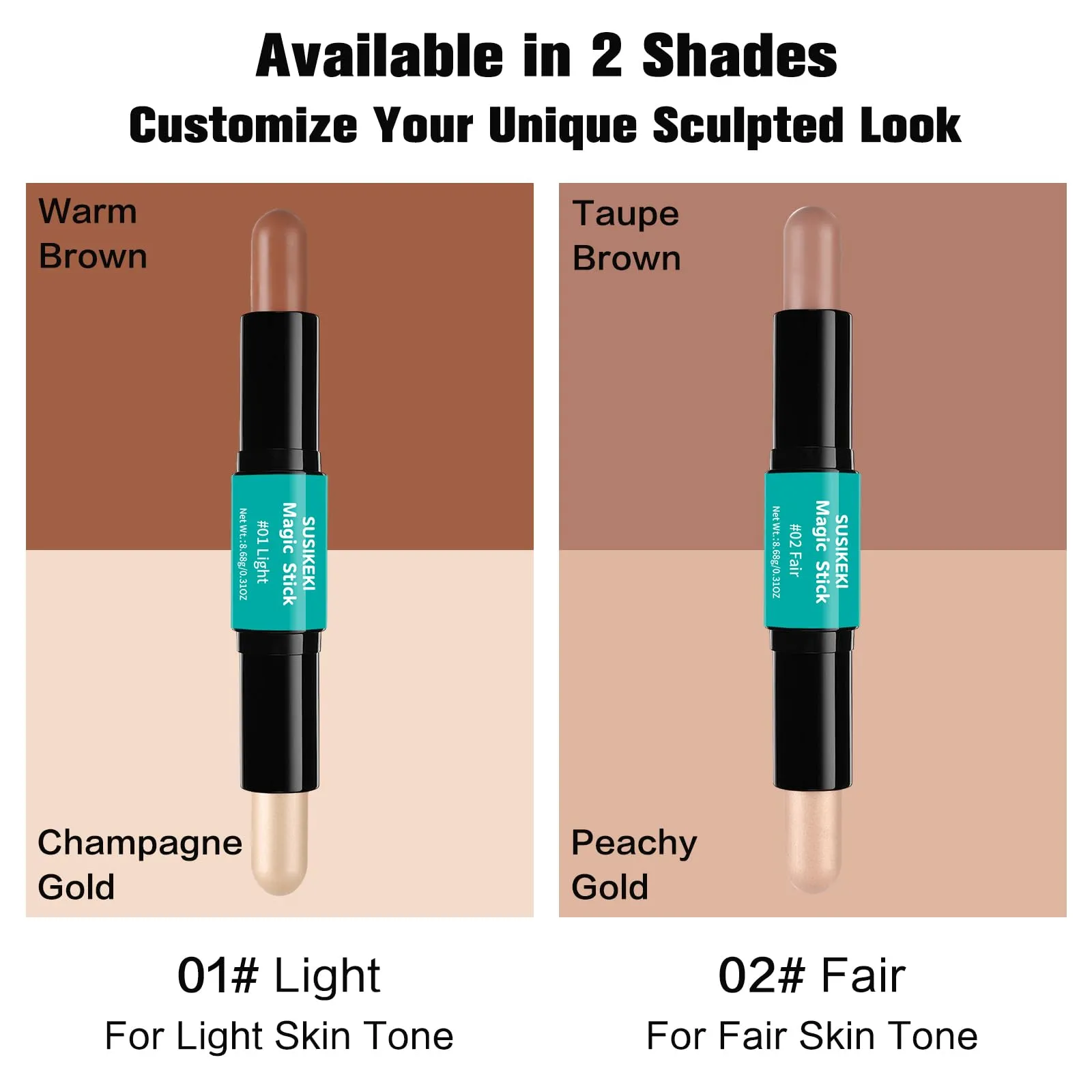 Contour Stick, 2Pcs Dual-Ended Highlighter Makeup Pen & Contouring Stick for Face Shaping, Long Lasting Waterproof Cream Bronzer & Highlight Sticks Make Up Kit for All Skin Tones (01#   02#)
