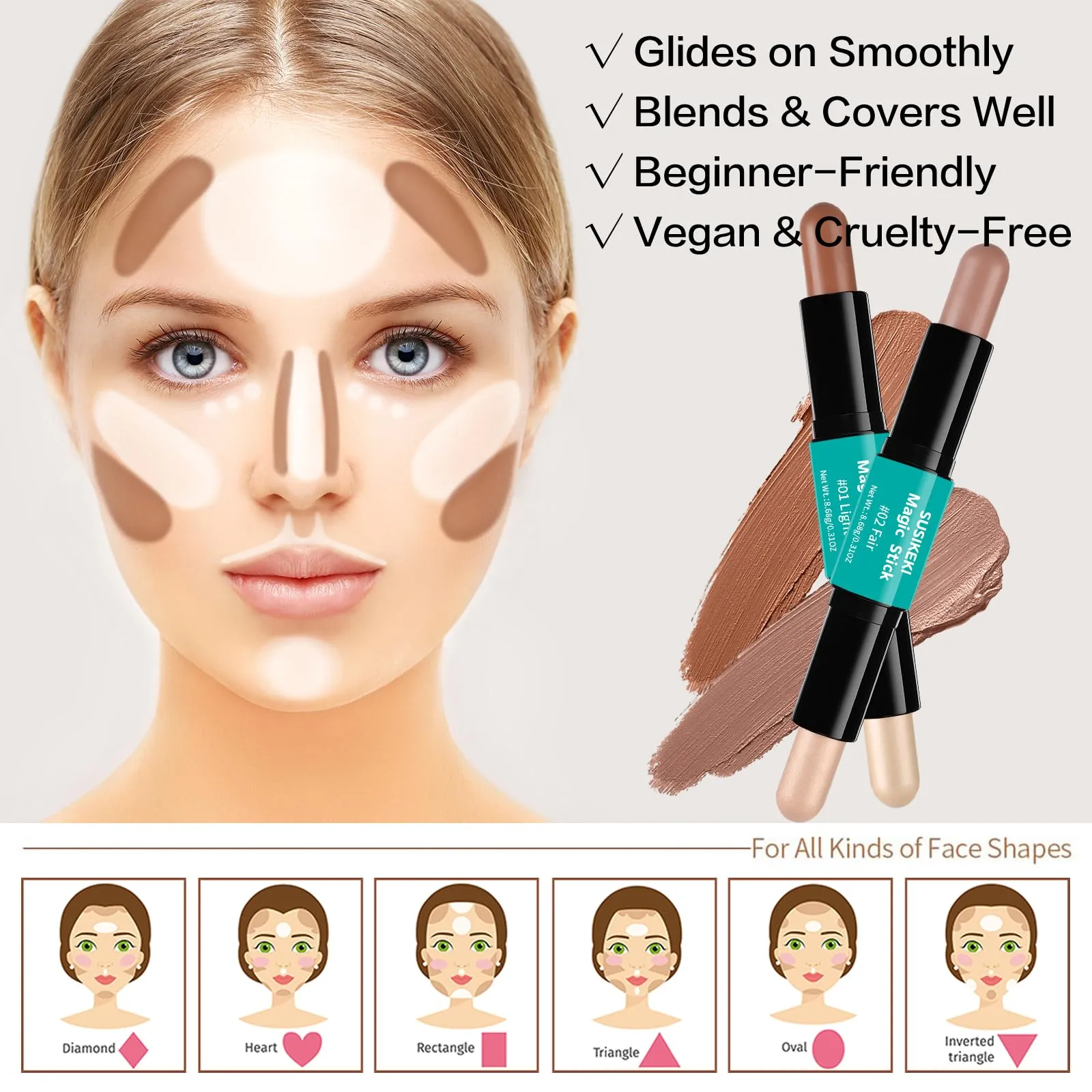 Contour Stick, 2Pcs Dual-Ended Highlighter Makeup Pen & Contouring Stick for Face Shaping, Long Lasting Waterproof Cream Bronzer & Highlight Sticks Make Up Kit for All Skin Tones (01#   02#)