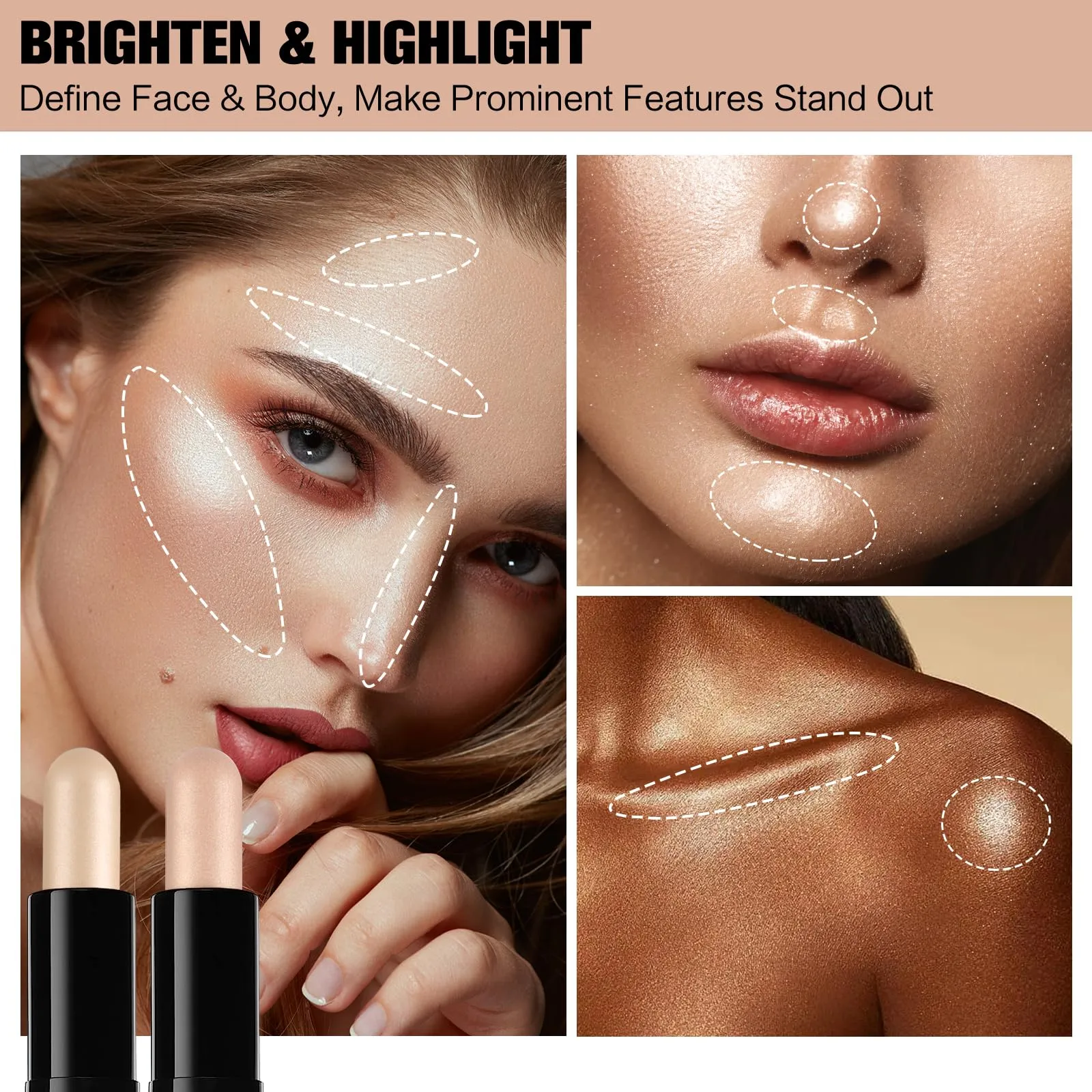 Contour Stick, 2Pcs Dual-Ended Highlighter Makeup Pen & Contouring Stick for Face Shaping, Long Lasting Waterproof Cream Bronzer & Highlight Sticks Make Up Kit for All Skin Tones (01#   02#)