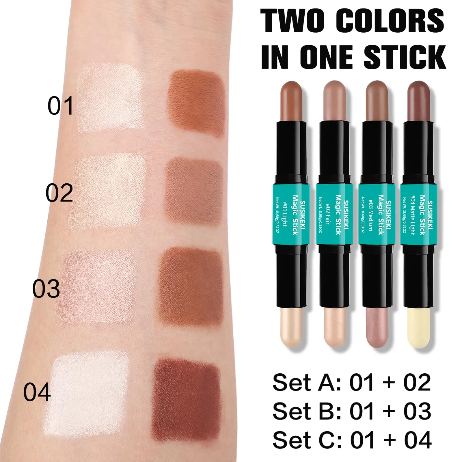 Contour Stick, 2Pcs Dual-Ended Highlighter Makeup Pen & Contouring Stick for Face Shaping, Long Lasting Waterproof Cream Bronzer & Highlight Sticks Make Up Kit for All Skin Tones (01#   02#)