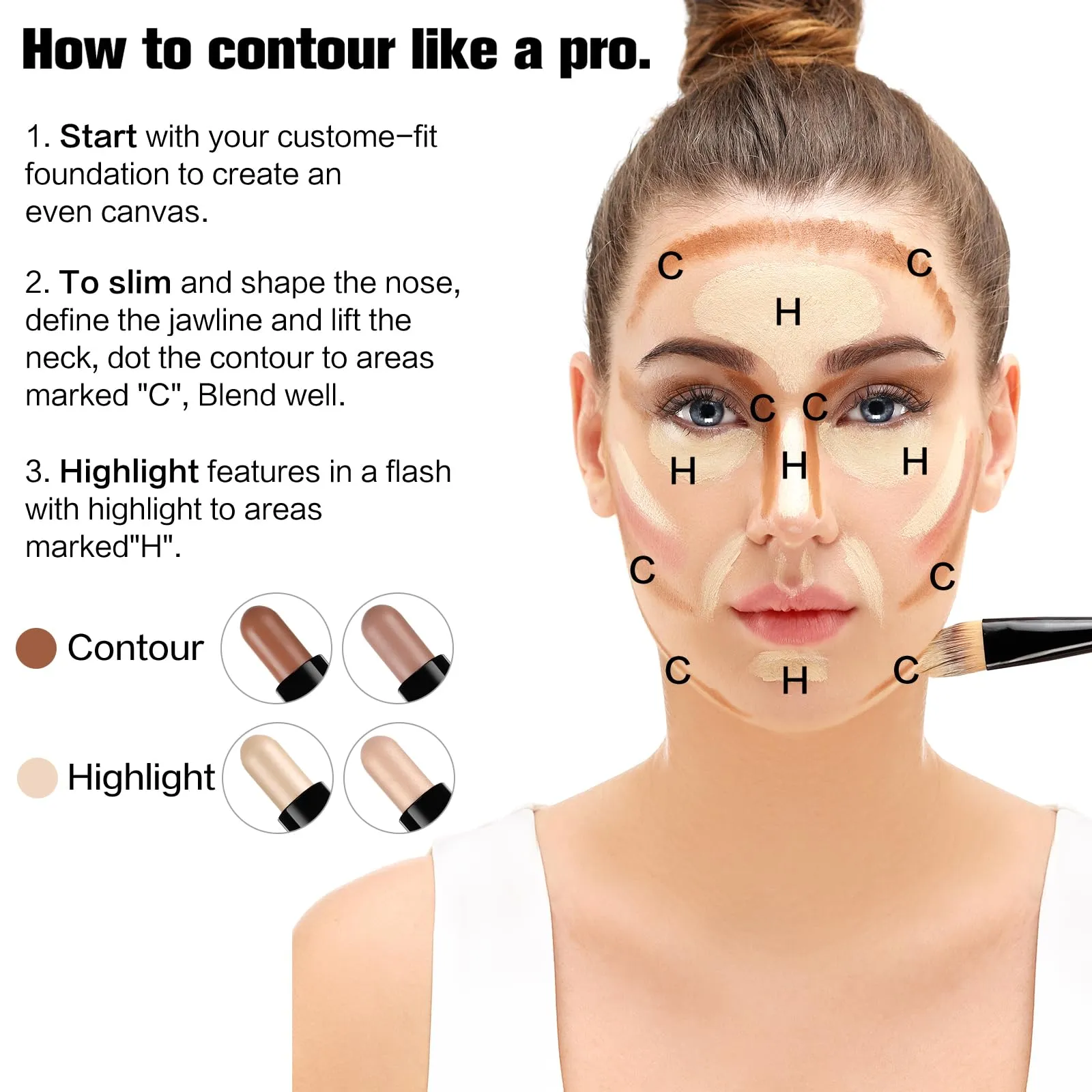 Contour Stick, 2Pcs Dual-Ended Highlighter Makeup Pen & Contouring Stick for Face Shaping, Long Lasting Waterproof Cream Bronzer & Highlight Sticks Make Up Kit for All Skin Tones (01#   02#)