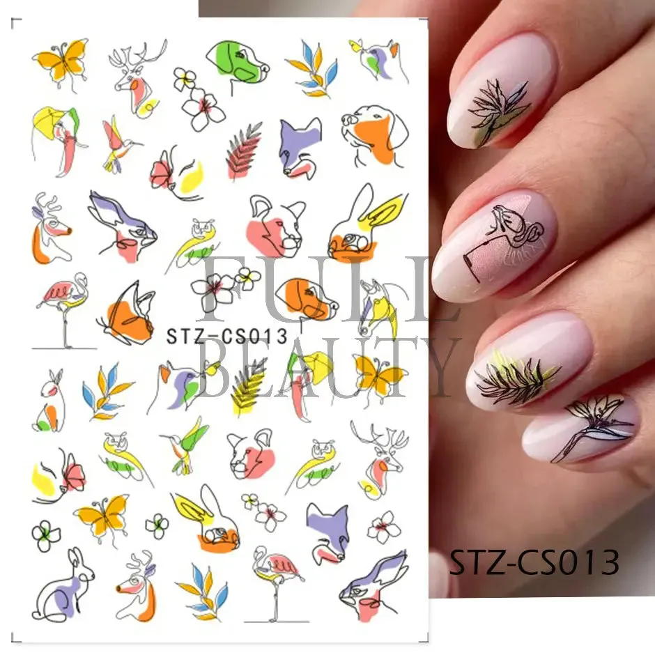 Joskaa French Textured Lines Nail Art Stickers Simple Geometry Leaf Flower Adhesive Sliders Monogram Summer Manicure Decal LYSTZ130-137