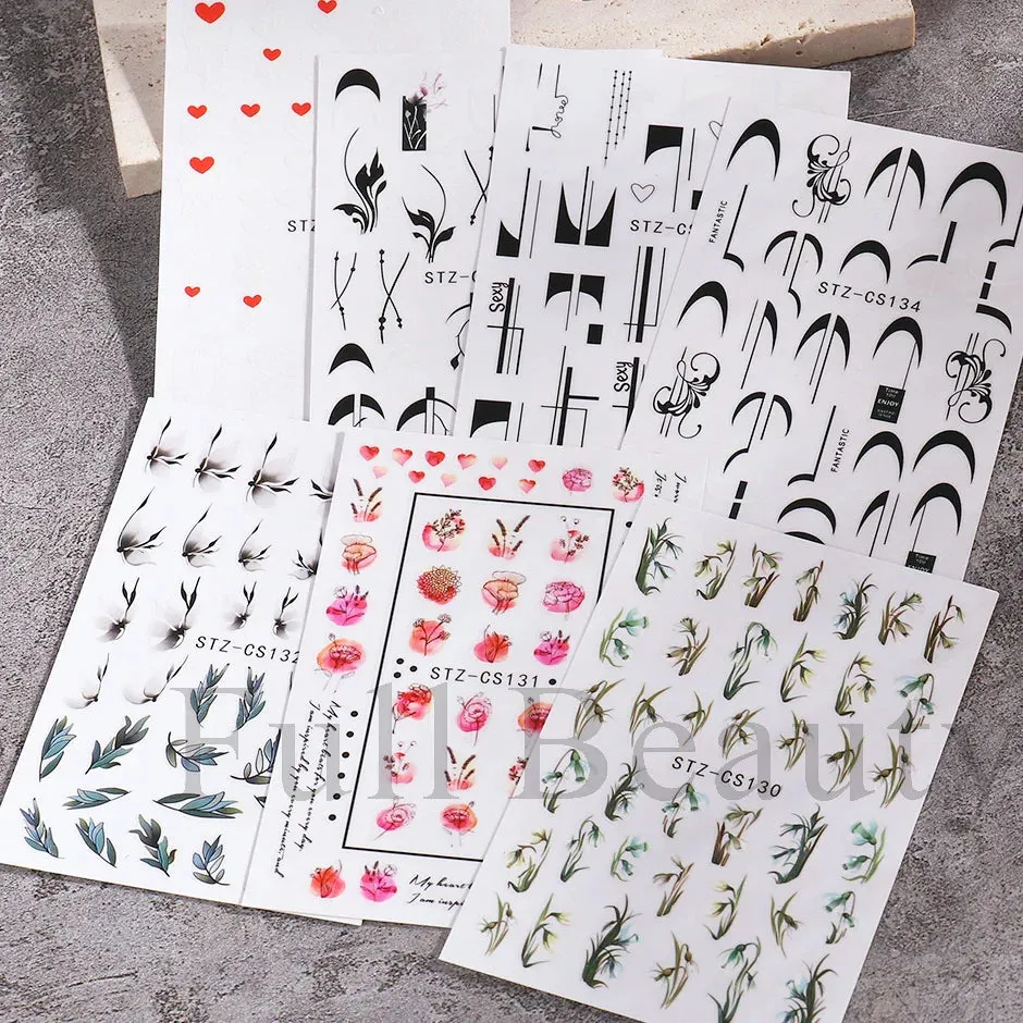 Joskaa French Textured Lines Nail Art Stickers Simple Geometry Leaf Flower Adhesive Sliders Monogram Summer Manicure Decal LYSTZ130-137