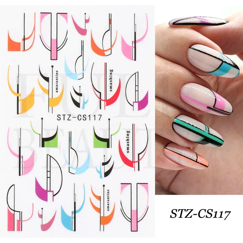 Joskaa French Textured Lines Nail Art Stickers Simple Geometry Leaf Flower Adhesive Sliders Monogram Summer Manicure Decal LYSTZ130-137
