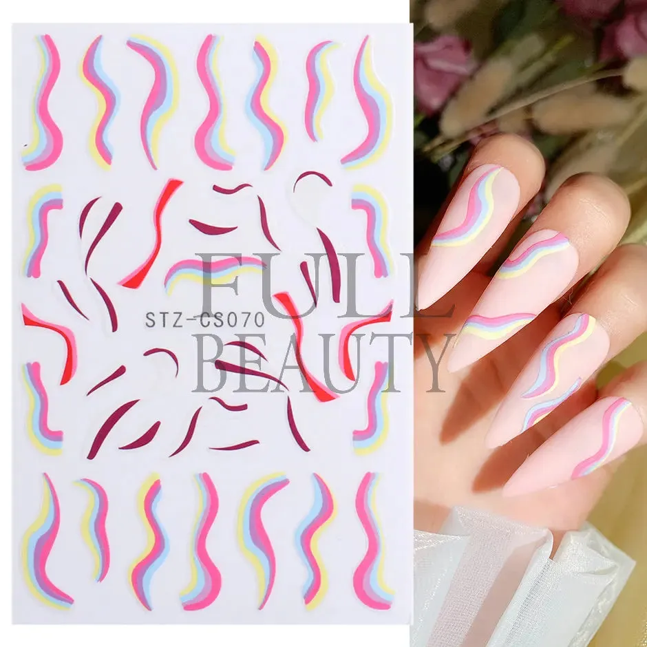 Joskaa French Textured Lines Nail Art Stickers Simple Geometry Leaf Flower Adhesive Sliders Monogram Summer Manicure Decal LYSTZ130-137