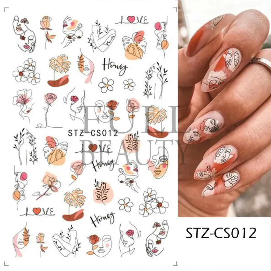 Joskaa French Textured Lines Nail Art Stickers Simple Geometry Leaf Flower Adhesive Sliders Monogram Summer Manicure Decal LYSTZ130-137