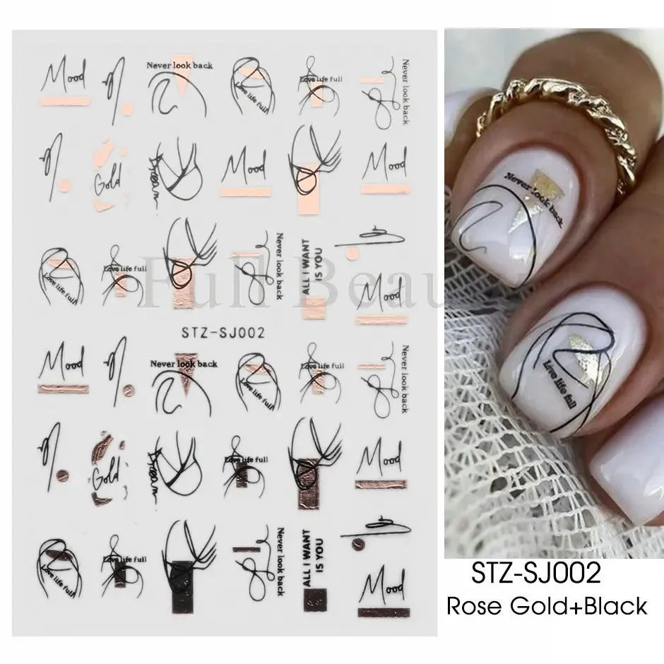 Joskaa French Textured Lines Nail Art Stickers Simple Geometry Leaf Flower Adhesive Sliders Monogram Summer Manicure Decal LYSTZ130-137