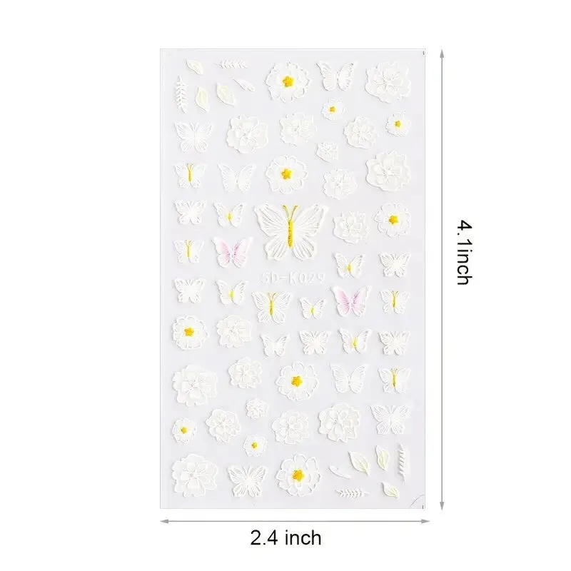 Nail Art Stickers | 3 Sheets Embossed Self-Adhesive Nail Sticker Butterfly Flower Nail Decals Nail Design Stickers French Tip Nail Stickers