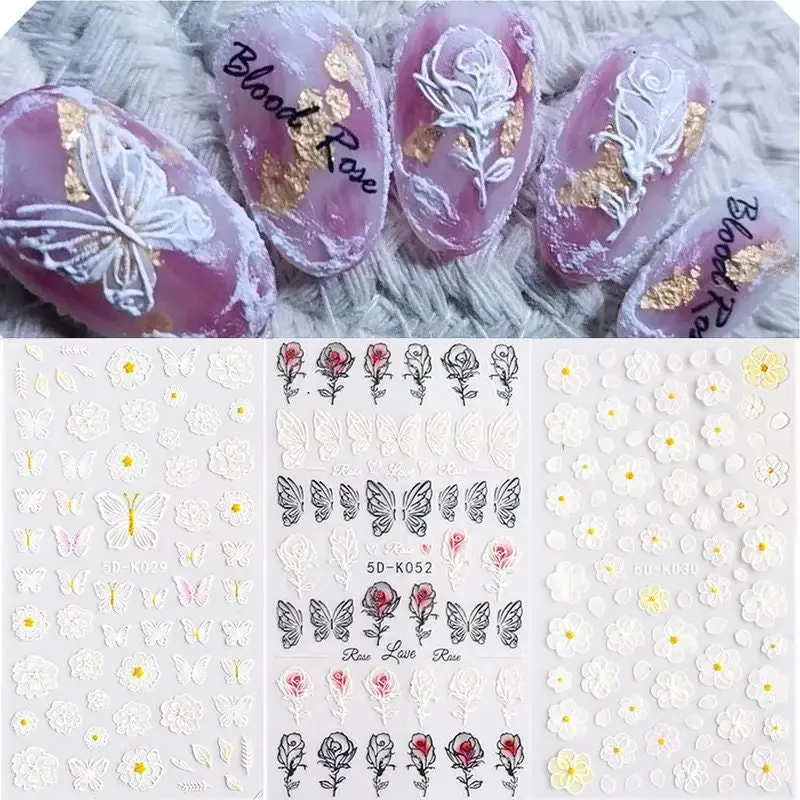 Nail Art Stickers | 3 Sheets Embossed Self-Adhesive Nail Sticker Butterfly Flower Nail Decals Nail Design Stickers French Tip Nail Stickers