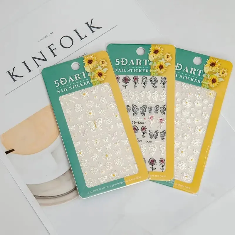 Nail Art Stickers | 3 Sheets Embossed Self-Adhesive Nail Sticker Butterfly Flower Nail Decals Nail Design Stickers French Tip Nail Stickers