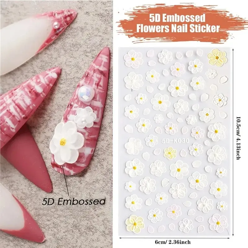Nail Art Stickers | 3 Sheets Embossed Self-Adhesive Nail Sticker Butterfly Flower Nail Decals Nail Design Stickers French Tip Nail Stickers