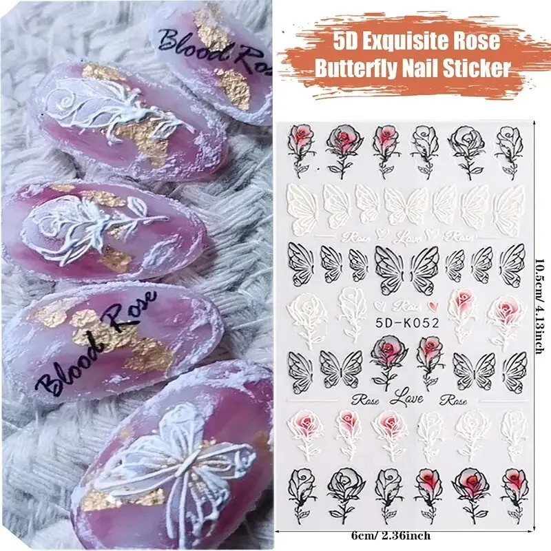 Nail Art Stickers | 3 Sheets Embossed Self-Adhesive Nail Sticker Butterfly Flower Nail Decals Nail Design Stickers French Tip Nail Stickers