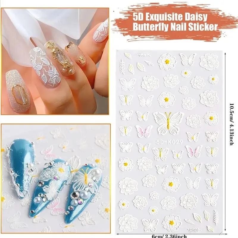 Nail Art Stickers | 3 Sheets Embossed Self-Adhesive Nail Sticker Butterfly Flower Nail Decals Nail Design Stickers French Tip Nail Stickers