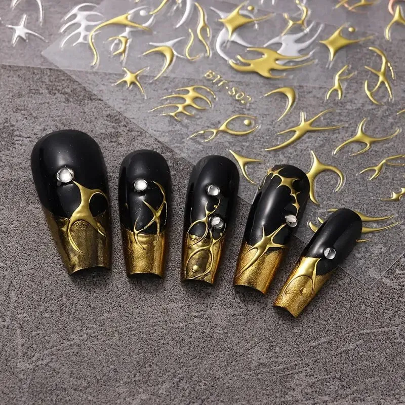 Nail Art Stickers Golden Rose Silver 3D Hollow Decals Mixed Irregular Designs Self Adhesive Fish Bone Nail Tips Decorations Salon