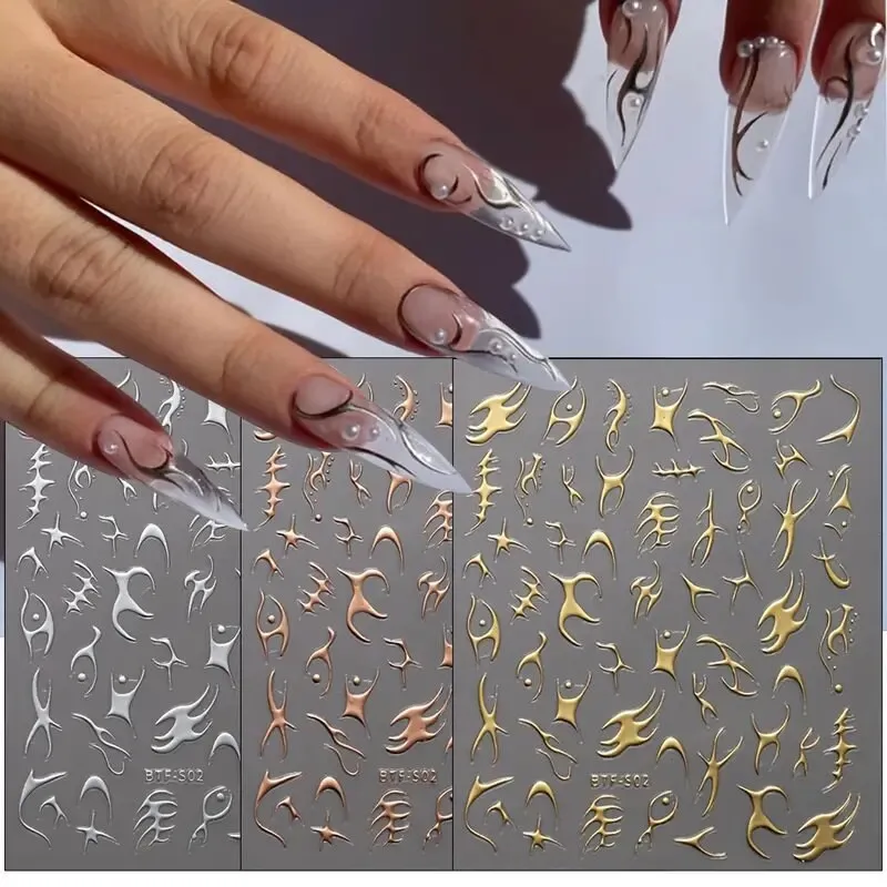 Nail Art Stickers Golden Rose Silver 3D Hollow Decals Mixed Irregular Designs Self Adhesive Fish Bone Nail Tips Decorations Salon