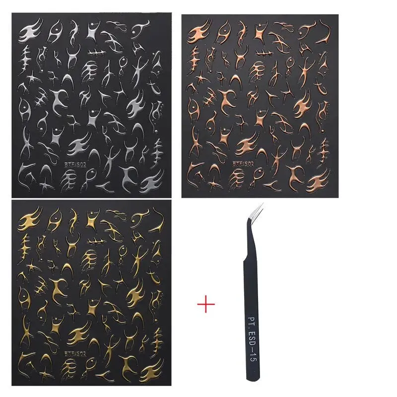 Nail Art Stickers Golden Rose Silver 3D Hollow Decals Mixed Irregular Designs Self Adhesive Fish Bone Nail Tips Decorations Salon