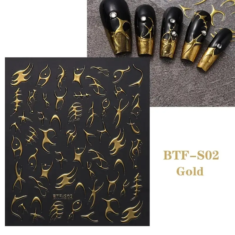 Nail Art Stickers Golden Rose Silver 3D Hollow Decals Mixed Irregular Designs Self Adhesive Fish Bone Nail Tips Decorations Salon