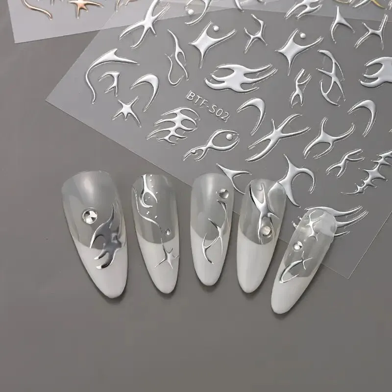 Nail Art Stickers Golden Rose Silver 3D Hollow Decals Mixed Irregular Designs Self Adhesive Fish Bone Nail Tips Decorations Salon