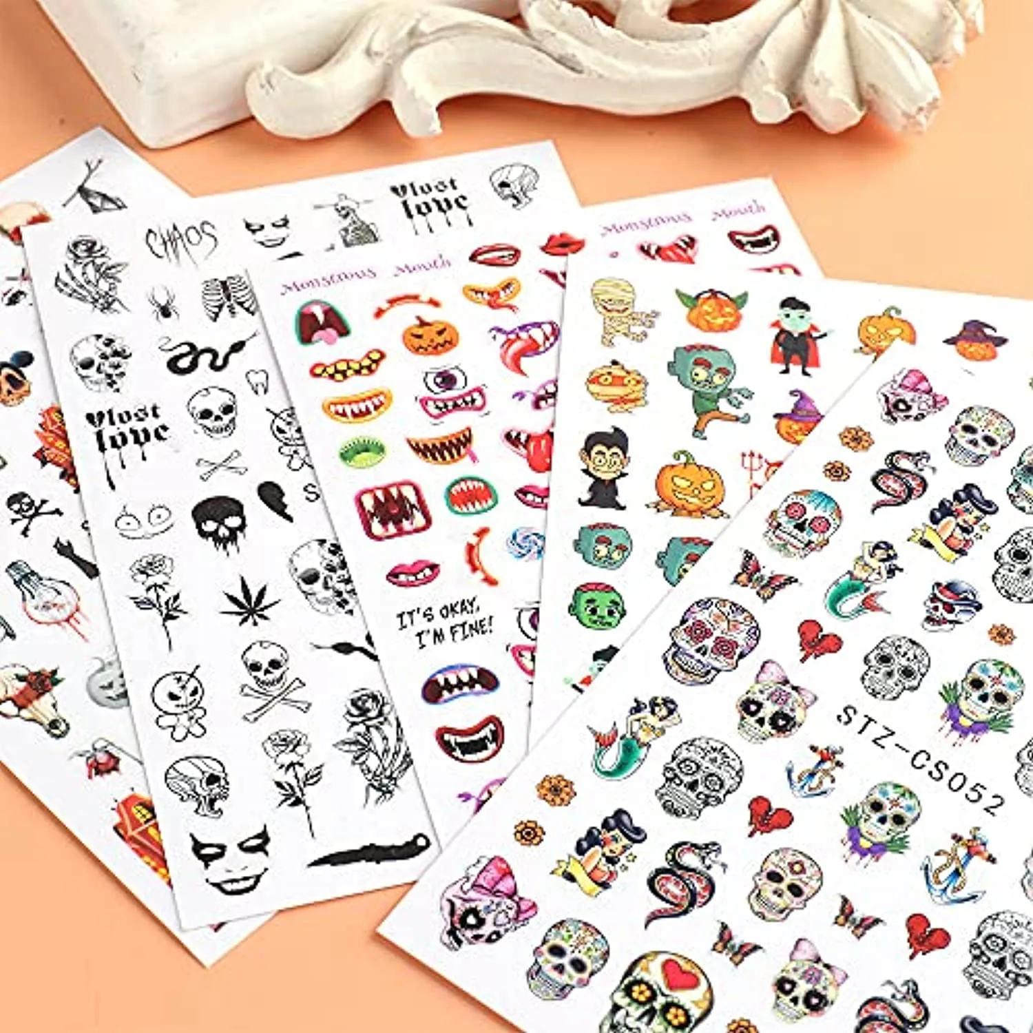 Nail Sticker Halloween Skull Head Autumn Maple Leaf Pumpkin Ghost Festival Adhesive Nail Stickers