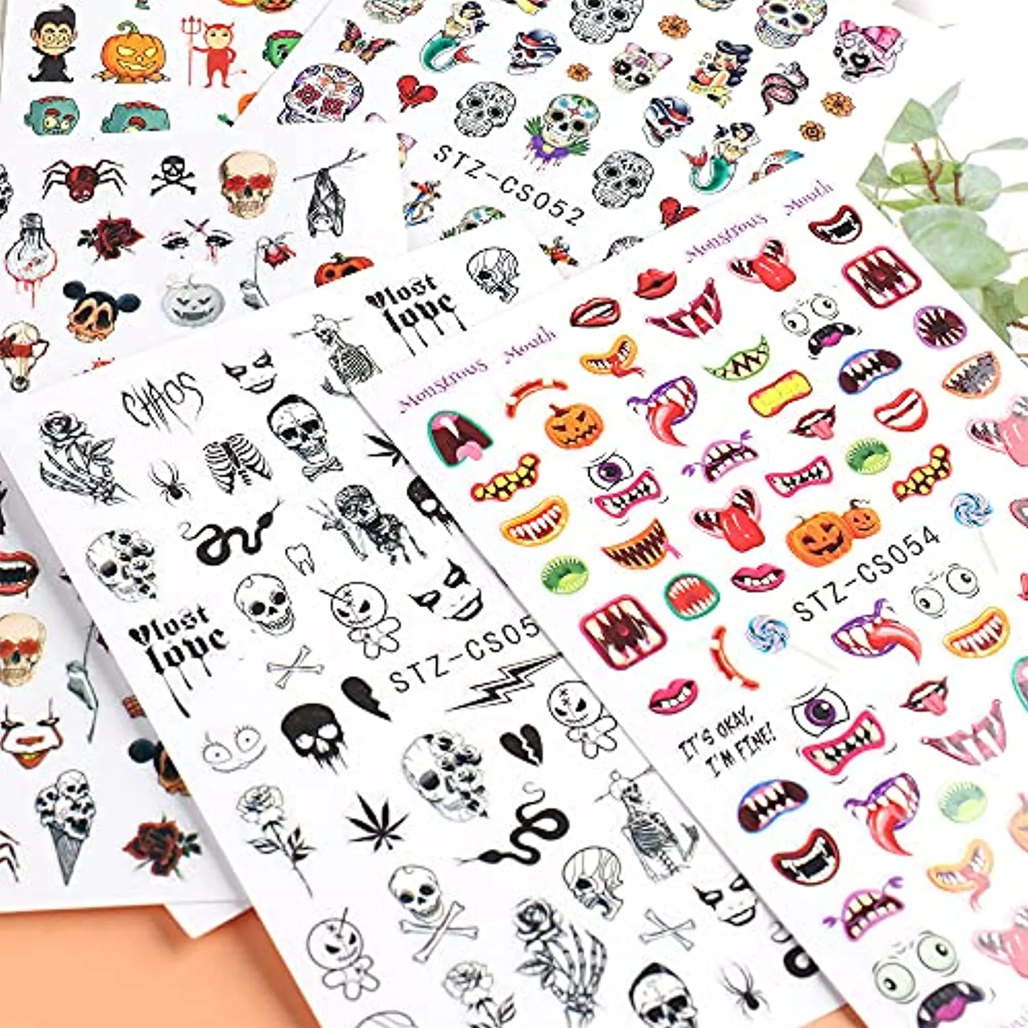 Nail Sticker Halloween Skull Head Autumn Maple Leaf Pumpkin Ghost Festival Adhesive Nail Stickers