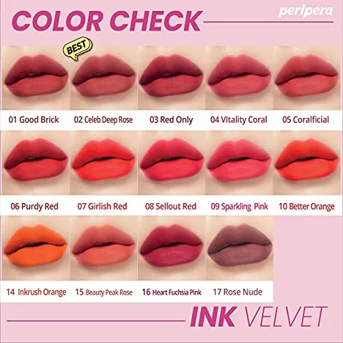 Peripera Ink the Velvet Lip Tint | High Pigment Color, Longwear, Weightless, Not Animal Tested, Gluten-Free, Paraben-Free | Rosy Nude (#17), 0.14 fl oz