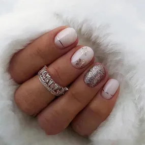 Wenkouban-24pcs Christmas French Fake Nails Short Square False Nails Snowflake Glitter Nail Art Full Cover Detachable Press on Nail Tips